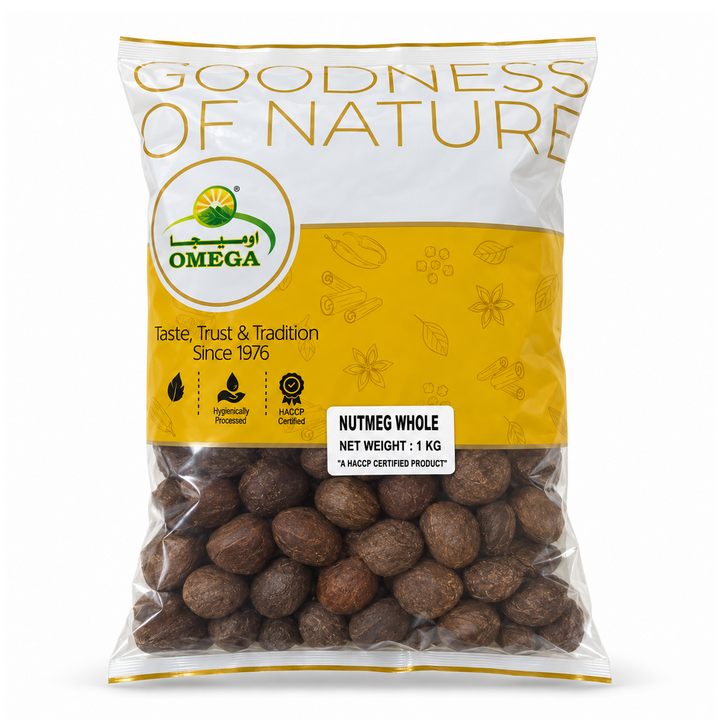 Omega Whole Nutmeg 1kg bag, front view