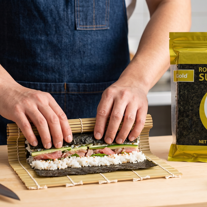 Sushi chef rolling maki with GGFT Sushi Nori Gold | Addtocart Dubai UAE
