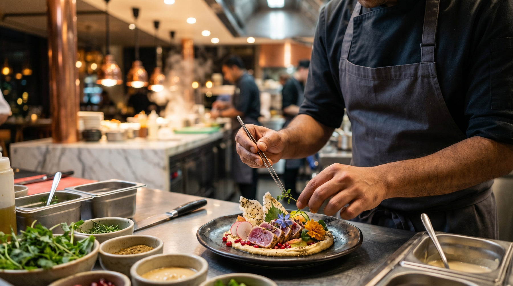 Chef plating a modern fusion dish in a Dubai kitchen | Addtocart Dubai UAE