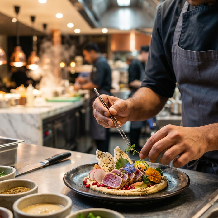 Chef plating a modern fusion dish in a Dubai kitchen | Addtocart Dubai UAE