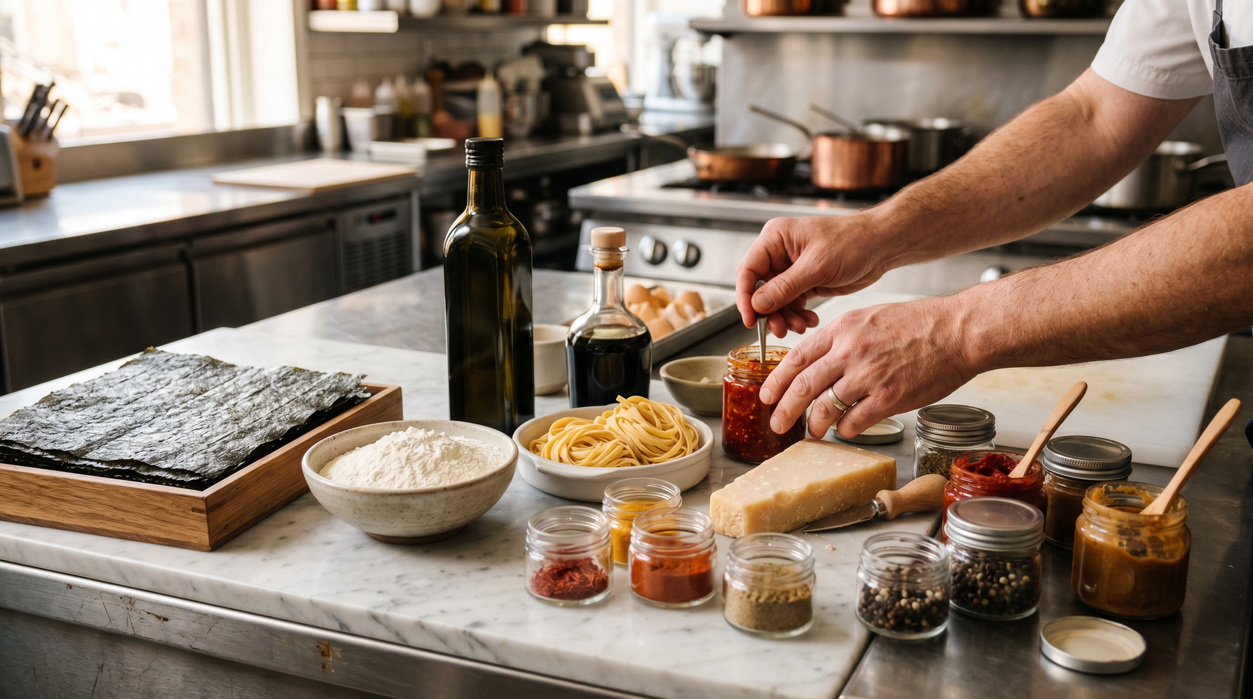 A global spread of premium cooking ingredients in a chef's kitchen | Addtocart Dubai UAE