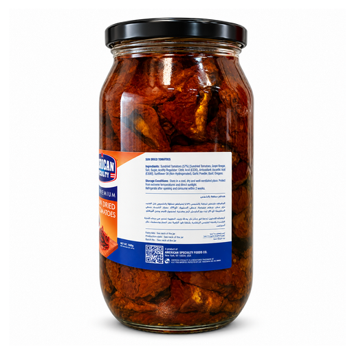 American Specialty Sun Dried Tomatoes 960g jar rear ingredient and storage label