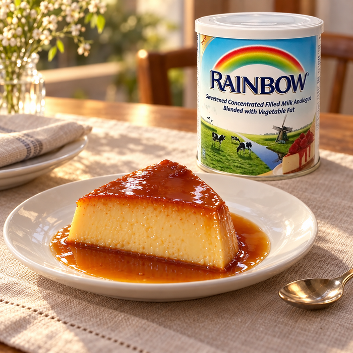 Caramel flan served with Rainbow 1kg tin