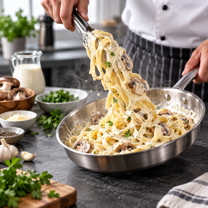 Creamy mushroom pasta preparation with evaporated milk