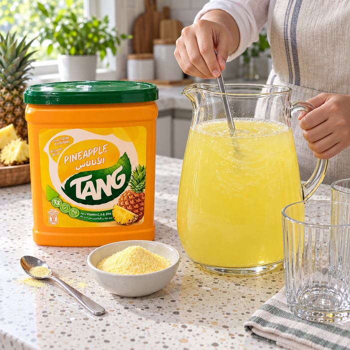 Preparing Tang Pineapple drink in a glass pitcher