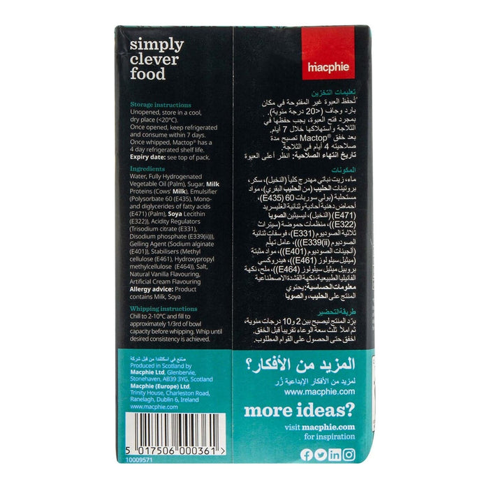 Macphie Mactop Traditional Cream Alternative back panel with ingredients and barcode 5017506000361