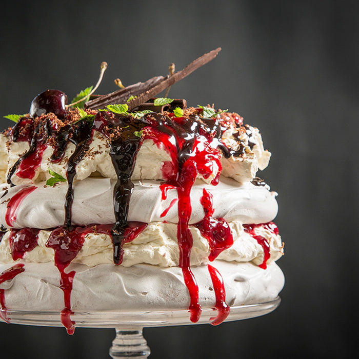 Black forest pavlova prepared with Macphie Mactop Traditional cream alternative