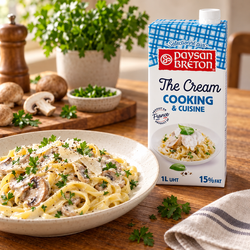 Paysan Breton Cooking & Cuisine cream carton beside creamy mushroom pasta