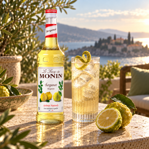 Monin Bergamot Syrup 700ml bottle with sparkling bergamot cooler