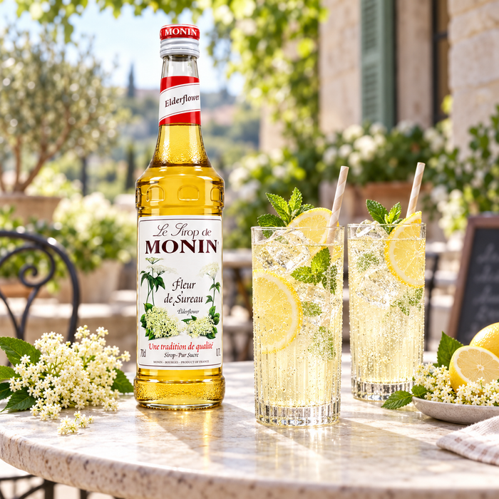 Monin elderflower syrup with sparkling lemonade