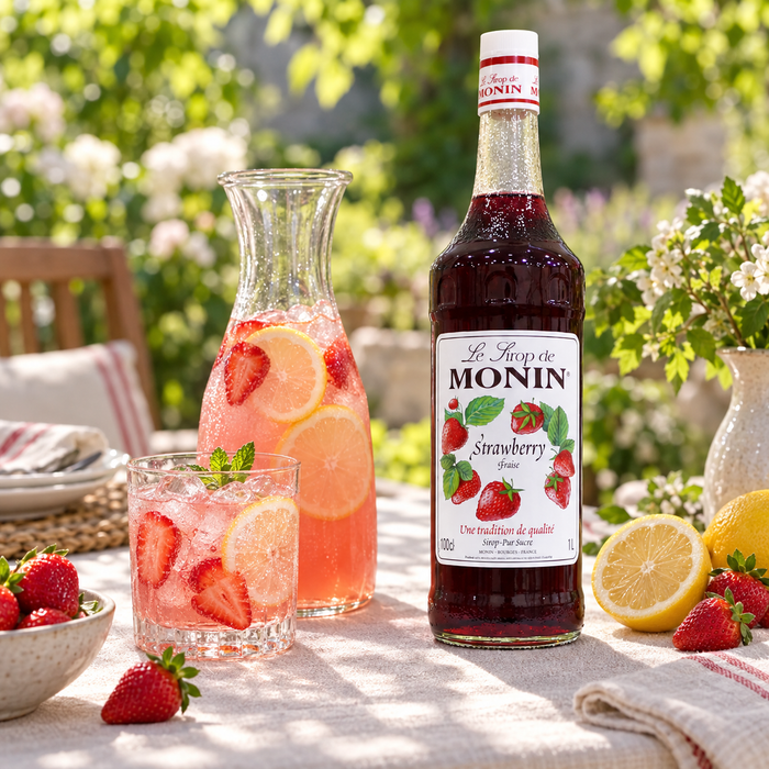 Monin Strawberry Syrup 1L bottle with strawberry lemonade