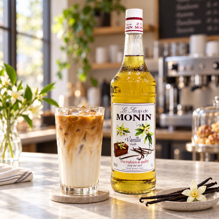 Monin Vanilla Syrup 1L with iced vanilla latte - serving suggestion