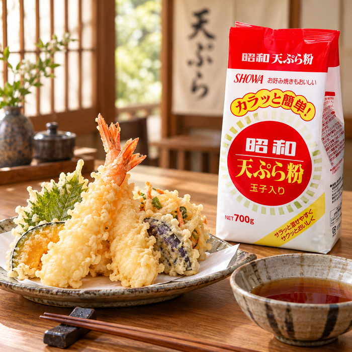 Showa Tempura Batter Mix 700g with shrimp and vegetable tempura - serving suggestion