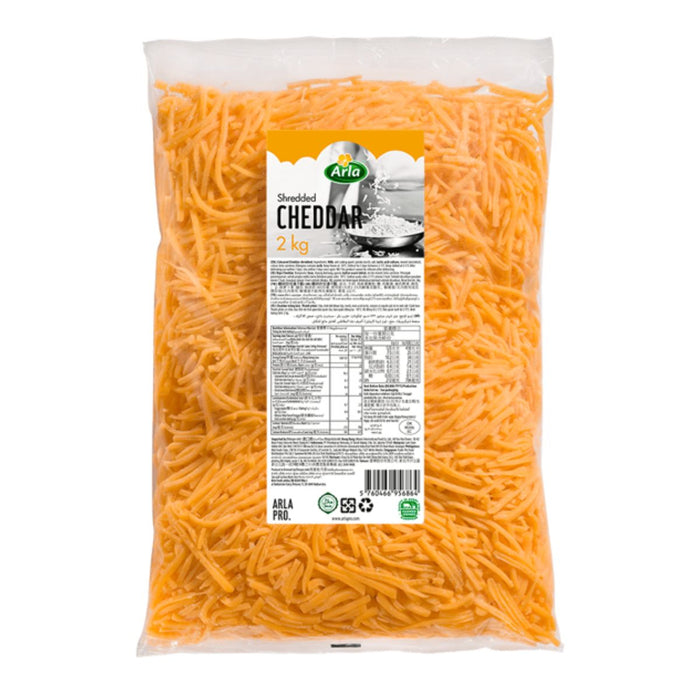 Arla Shredded Cheddar Cheese Colored 2KG — front pack | Addtocart Dubai UAE