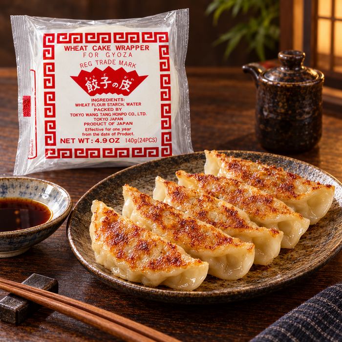 Tokyo gyoza wrappers with pan-fried gyoza serving suggestion