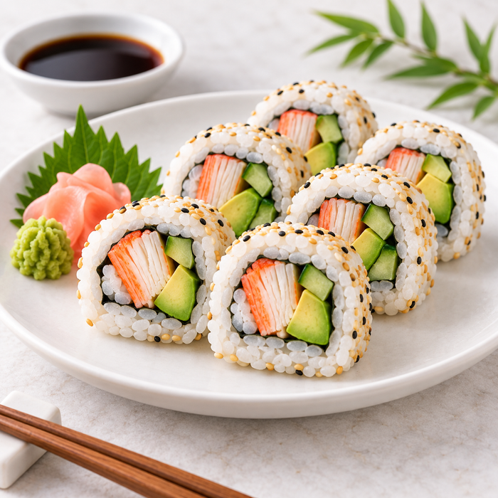 Surimi crab stick sushi rolls - illustrative serving suggestion