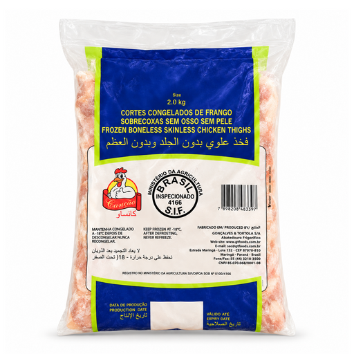 Cancao boneless skinless chicken thighs 2kg bag rear