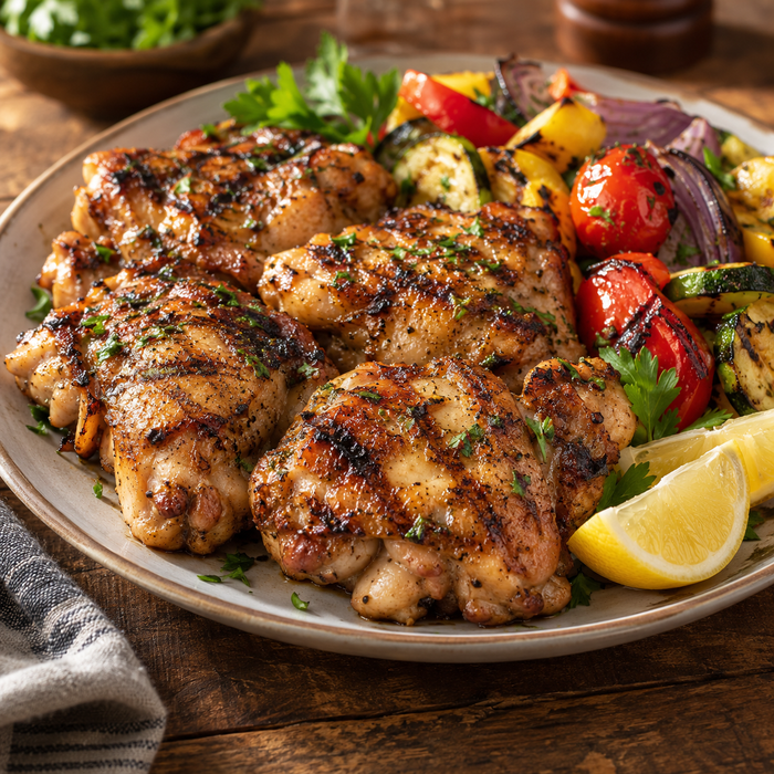 Serving suggestion: grilled boneless skinless chicken thighs with vegetables
