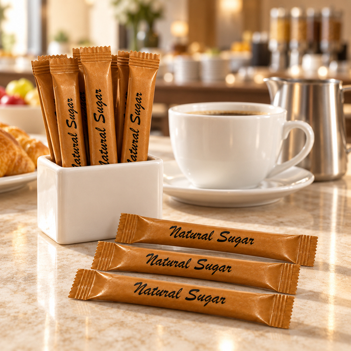 Brown sugar sticks at a hotel beverage station