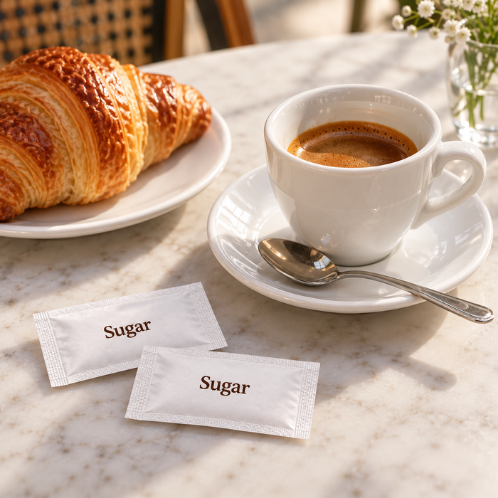 White sugar sachets with coffee and croissant