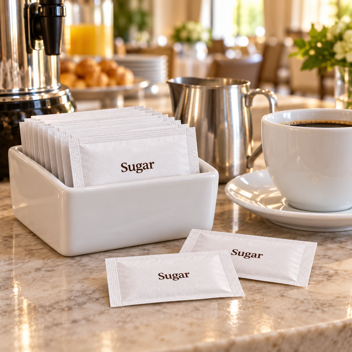 White sugar sachets at a hotel beverage station