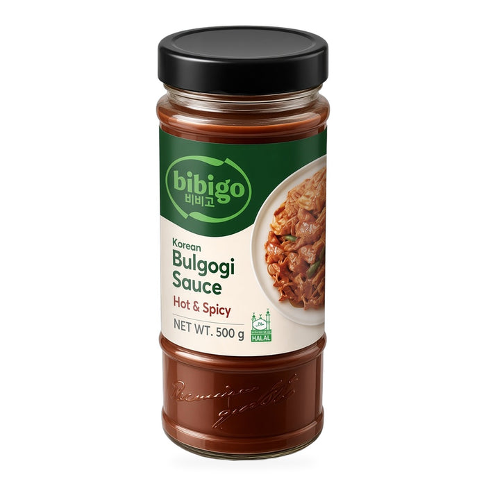 Bibigo Korean Bulgogi Sauce Hot & Spicy 500g jar - angle view