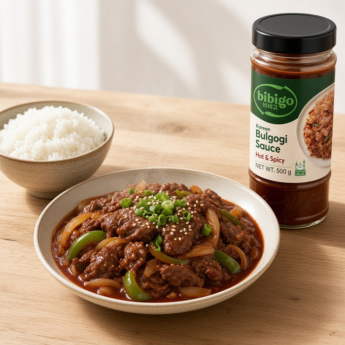 Bibigo Bulgogi Sauce Hot & Spicy with spicy bulgogi beef and rice