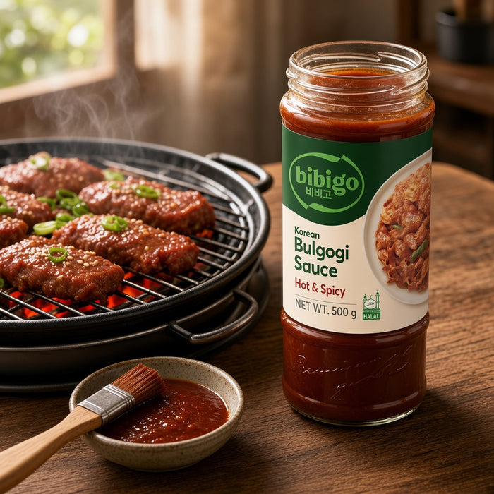 Bibigo Bulgogi Sauce Hot & Spicy basted on Korean BBQ grilled beef