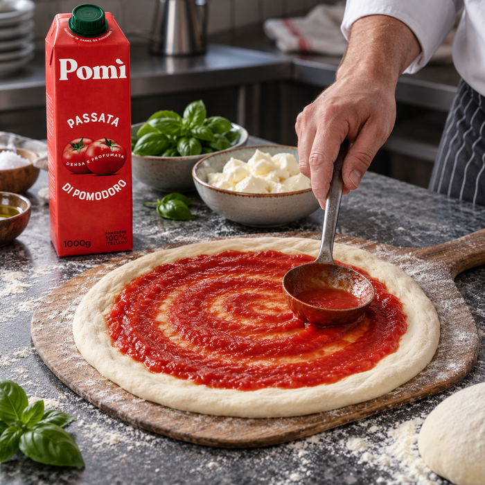 Pomì Passata 1kg used to prepare a tomato pizza base