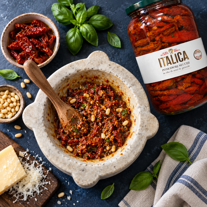 Italica sun-dried tomatoes used in pesto preparation