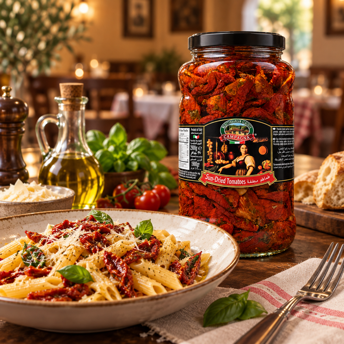 Campagna Sun-Dried Tomatoes jar with pasta - illustrative serving suggestion