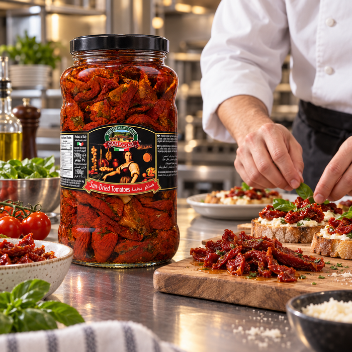 Campagna Sun-Dried Tomatoes jar in chef preparation scene - illustrative usage
