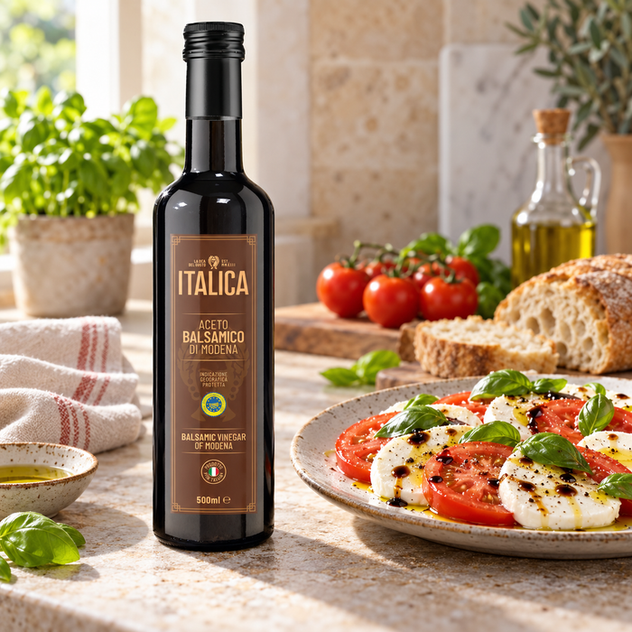 Italica Balsamic Vinegar 500ml with caprese salad
