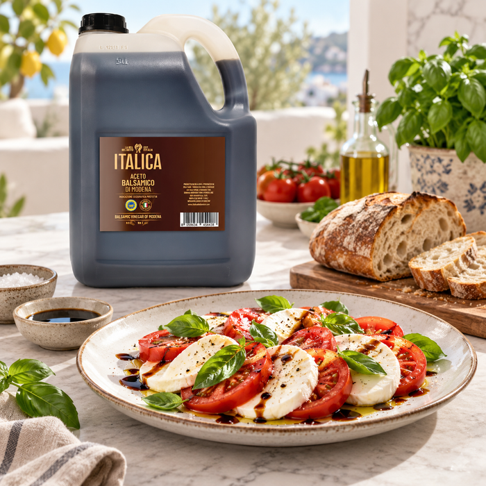 Italica Balsamic Vinegar 5L with caprese serving suggestion