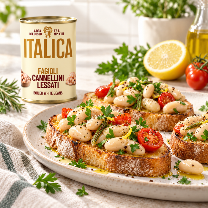Italica White Beans 400g with bruschetta serving suggestion