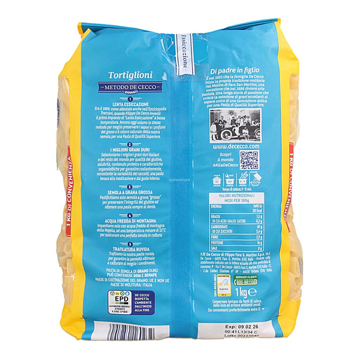 DeCecco Tortiglioni #23 Pasta 1KG, rear packaging label — additional view | Addtocart Dubai UAE