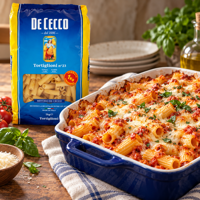 DeCecco Tortiglioni #23 Pasta 1KG in a baked pasta dish — additional view | Addtocart Dubai UAE