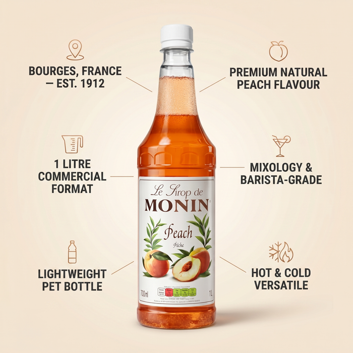 Monin Peach Syrup 1L features and benefits | Addtocart Dubai UAE