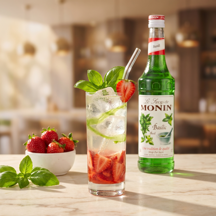 Monin Basil Syrup 700ML lifestyle — basil-strawberry lemonade | Addtocart Dubai UAE