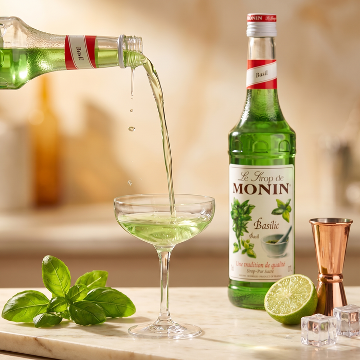 Monin Basil Syrup 700ML pour macro with fresh basil | Addtocart Dubai UAE