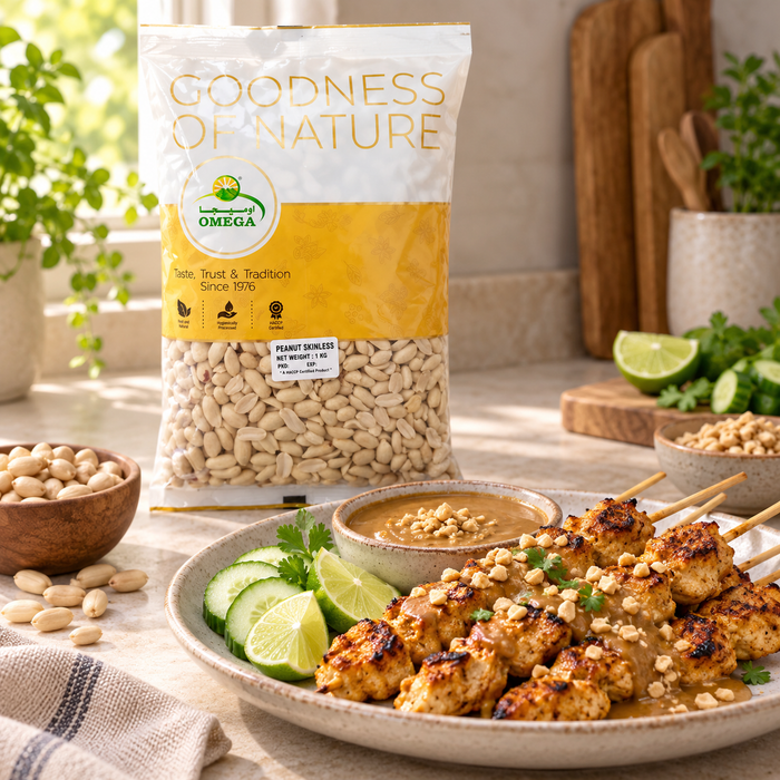 Omega Peanut Shelled Skinless 1KG, satay and peanut sauce serving suggestion — additional view | Addtocart Dubai UAE