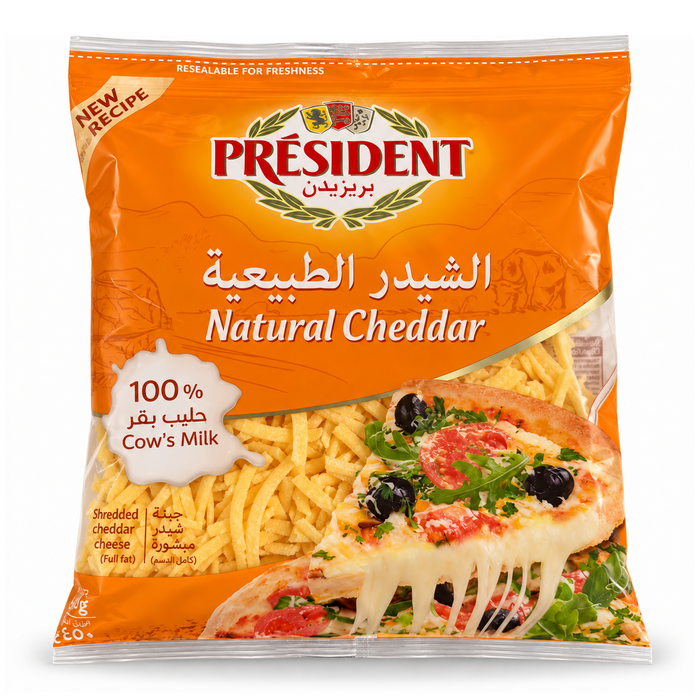 President Shredded Natural Colored Cheddar Cheese, KSA - 450G | Addtocart Dubai UAE