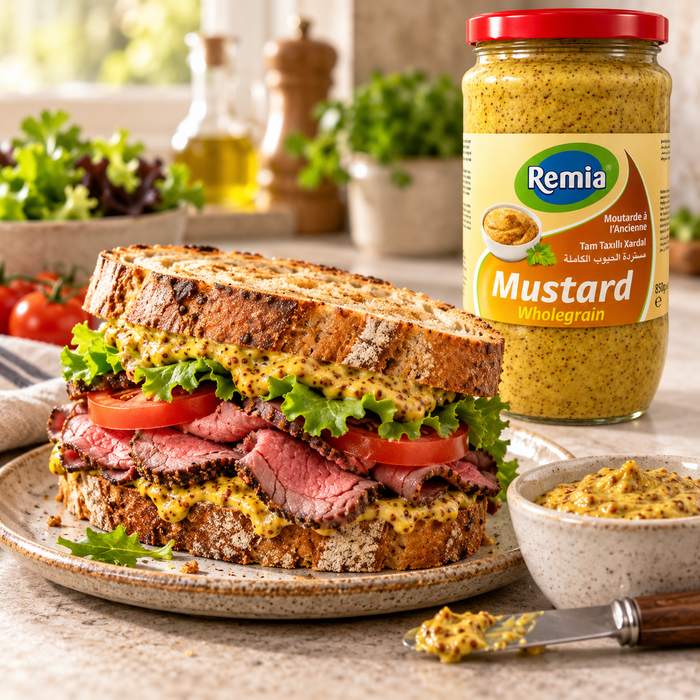 Remia Wholegrain Mustard 850G with roast beef sandwich — additional view | Addtocart Dubai UAE