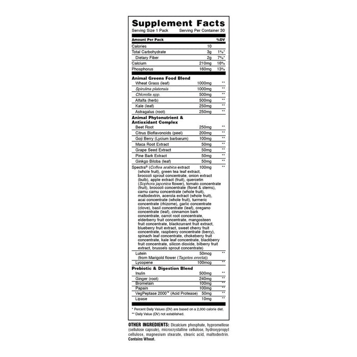 Animal Greens Pak, USA - 30 Packs nutrition and back-label details | SKU SUPL-745058