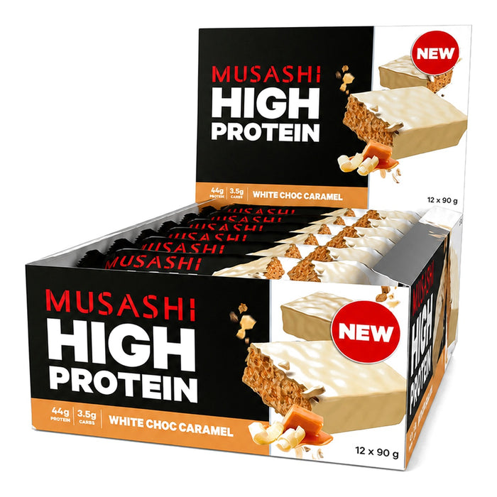 Musashi High Protein White Chocolate Caramel, New Zealand - 12 X 90G front product image | SKU SUPL-745124