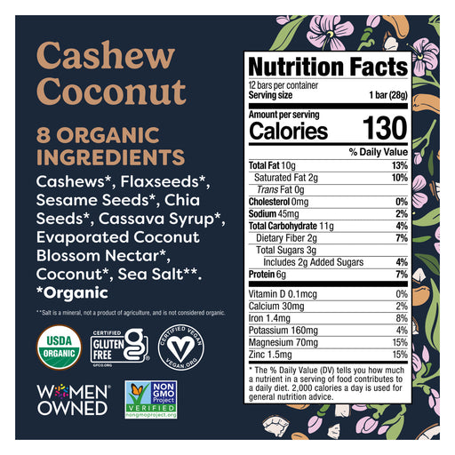Tosi Cashew Coconut, USA - 12 X 28G nutrition and back-label details | SKU SUPL-745253