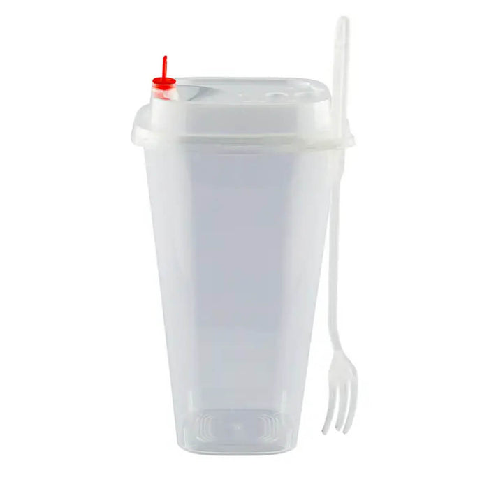 Bubbly Plastic Square Cup with Lid & Fork, 760ML - Pack of 25 Cups